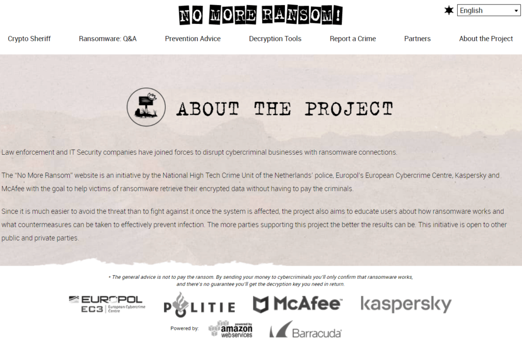 Homepage of No More Ransom