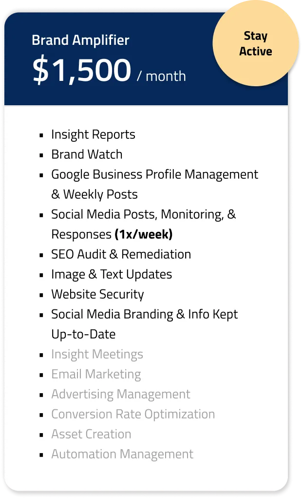 Brand Amplifier, our marketing services plan geared toward staying active and engaged. $1,500/month. List of features: insight reports, brand watch, Google business profile management and weekly posts, social media posts, monitoring and responses 1 time a week, SEO audit and remediation, image and text updates, website security, social media branding and information kept up-to-date.