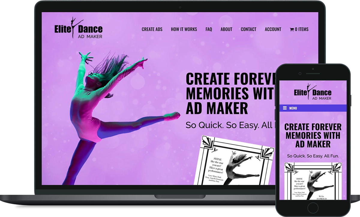 Elite Dance Ad Maker site on laptop