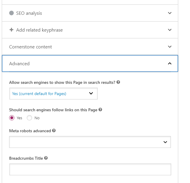 Example of WordPress advanced SEO settings