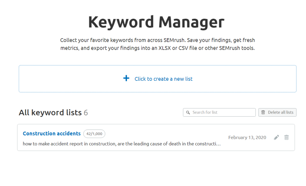 semrush keyword manager tool