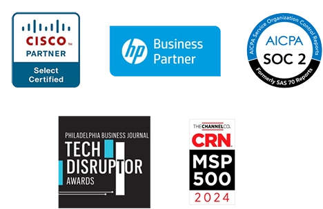 MSP IT awards Cisco Partner, HP Business Partner, AICPA SOC 2, Philadelphia Business Journal Tech Disruptor, CRN MSP 500 2024