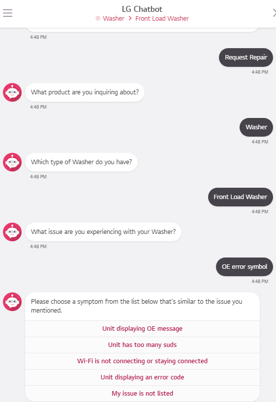 example of live chat on lg website