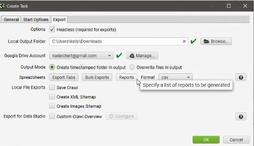 export settings scheduling a screaming frog crawl