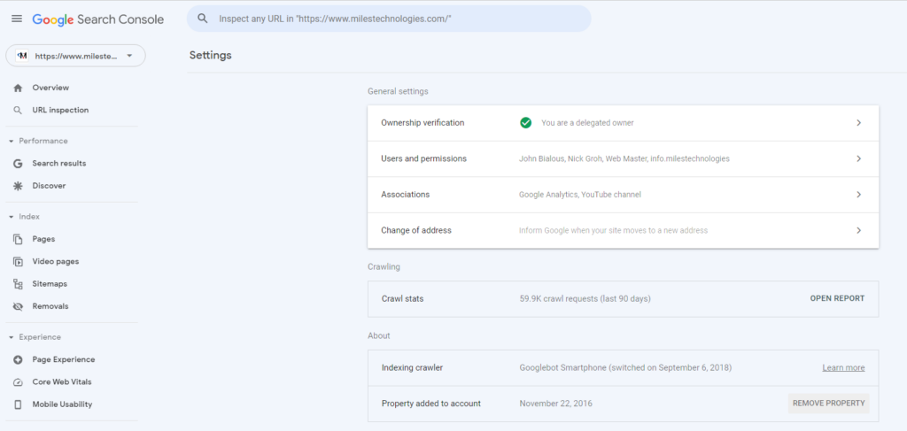 Google search console page showing settings