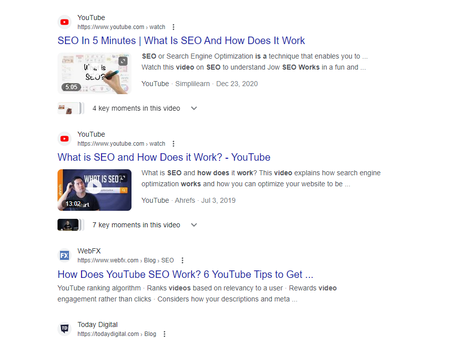 example where videos show up in search results