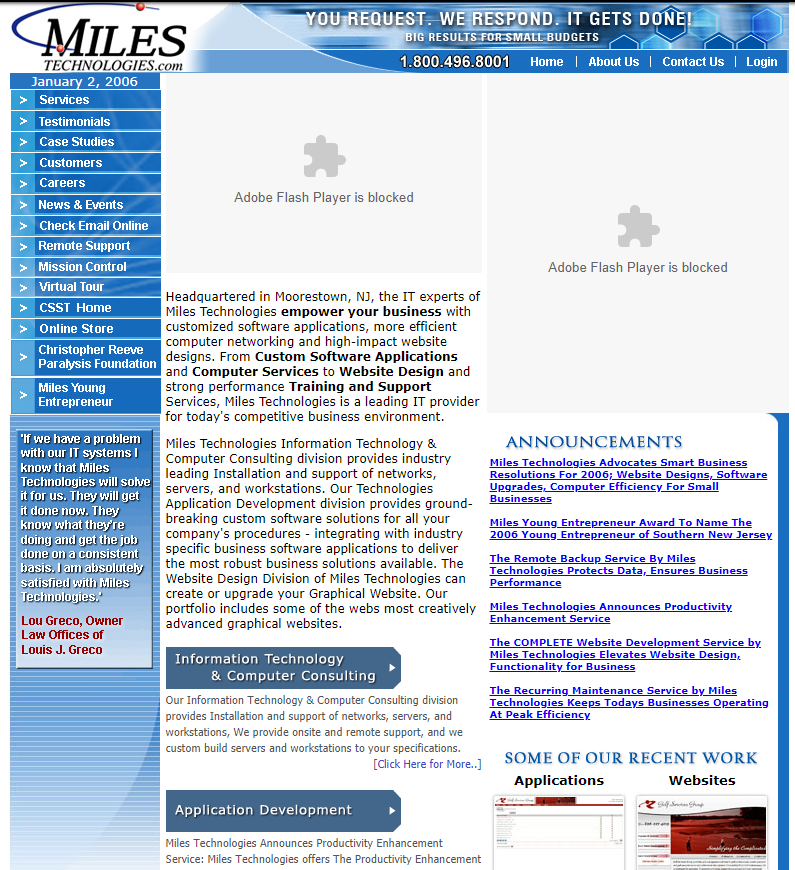 Miles Technologies website from 2006